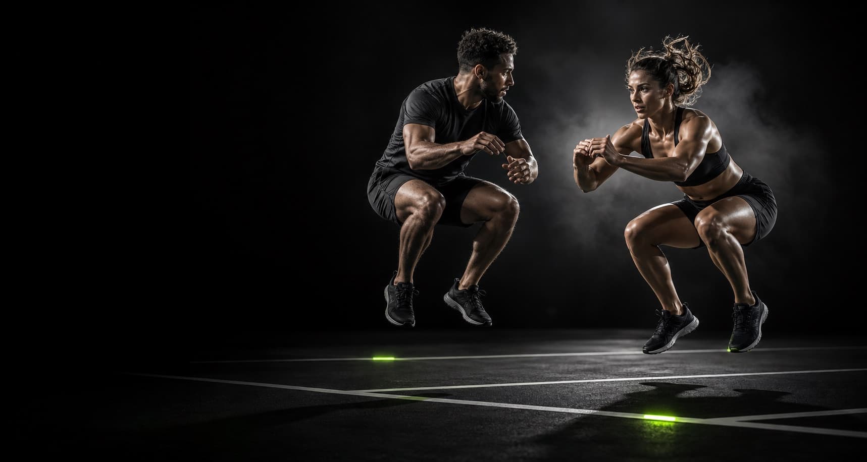Two athletes mid squat-jump, facing off on a dark court
